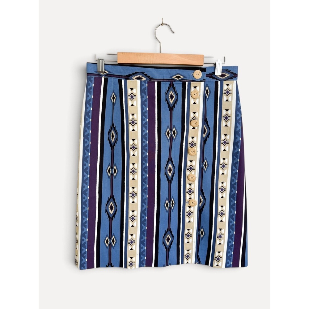 Vintage Mini Skirt Southwestern Aztec Print Medium Blue Button Side High Waist
